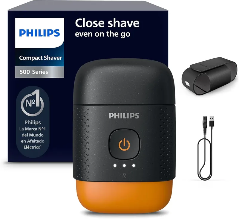 PHILIPS ▫️ Série 500: Máquina de barbear elétrica compacta, sistema «Levanta e Corta», lâminas SteelPrecision, cabeças flutuantes 3D, barbear a seco e a húmido, estojo e bloqueio para viagem, tampa magnética, S595/05