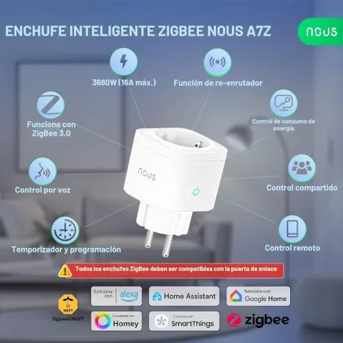 NOUS ▫️ A7Z Tomada Inteligente ZigBee com Monitorização de Energia, 16 A, aplicação e controlo por voz, temporizador e horários, compatível com Alexa, Google Home, Home Assistant e Tuya; requer um hub ZigBee 2