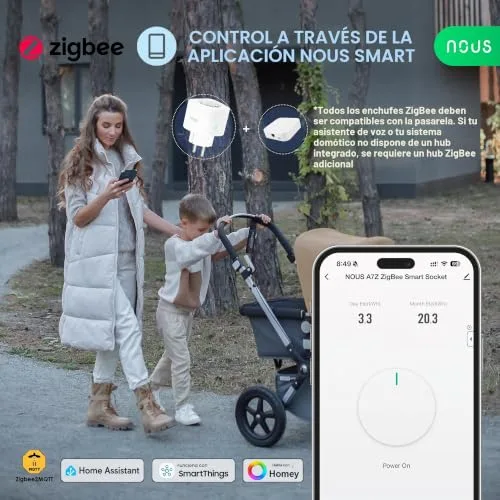NOUS ▫️ A7Z Tomada Inteligente ZigBee com Monitorização de Energia, 16 A, aplicação e controlo por voz, temporizador e horários, compatível com Alexa, Google Home, Home Assistant e Tuya; requer um hub ZigBee 3