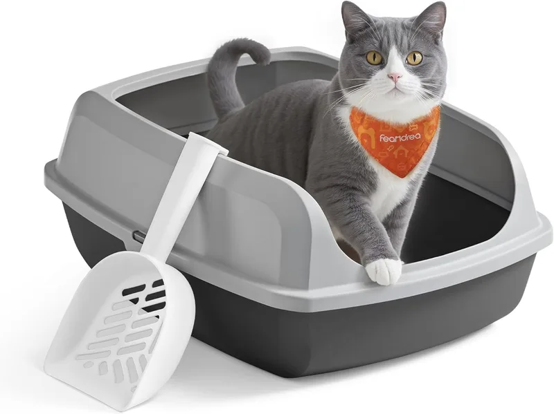 Feandrea ▫️ Caixa de areia com bordas altas, tamanho XL, aberta, com pá, para gatinhos e gatos adultos, cinzento ardósia PPT009GN01