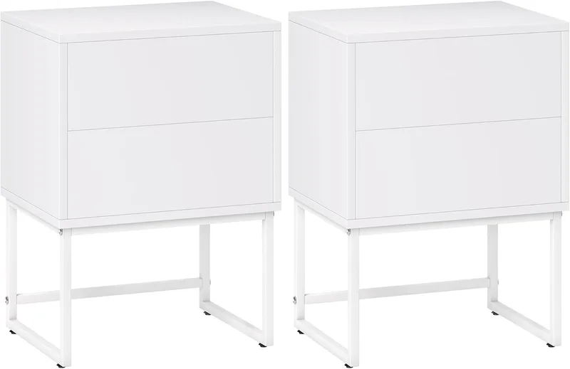 HOMCOM ▫️ Conjunto de 2 mesas de cabeceira estreitas Mesas de cabeceira para quarto com 2 gavetas que abrem com pressão e pernas de aço Estilo moderno 40x30x55 cm Branco
