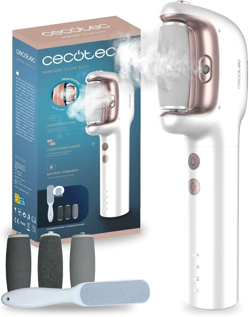 Cecotec ▫️ Lima Eléctrica para os pés com bateria recarregável SkinCare Steam Silky. Função de vapor, 3 cabeças, resistente à água (IPX7), 3 velocidades, raspador extra, depósito de água imantado