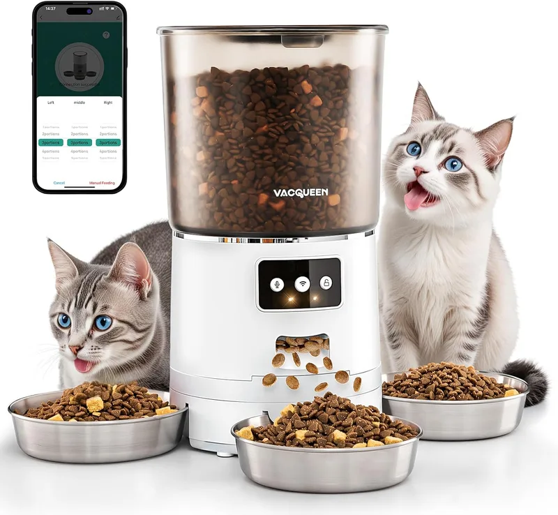 Vacqueen ▫️ Comedouro automático para gatos com aplicação, 6 L/25 chávenas de comida para gatos, 3 tigelas, 3 pacotes de dessecante, sistema anti-entupimento, gravação de voz 10S, WiFi 2,4 G, comida seca automática para gatos
