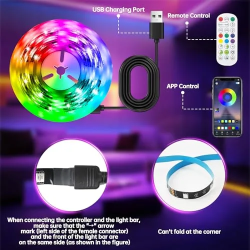 Ylatoial ▫️ Fita LED 3M para televisores de 32" a 45", Fita LED para TV com Bluetooth – 16 milhões de cores | Sincronização com música e jogos | Comando à distância 2,4 GHz sem atrasos | Luzes LED de fácil instalação (adesivo 3M) 4