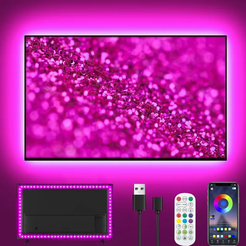 Ylatoial ▫️ Fita LED 3M para televisores de 32" a 45", Fita LED para TV com Bluetooth – 16 milhões de cores | Sincronização com música e jogos | Comando à distância 2,4 GHz sem atrasos | Luzes LED de fácil instalação (adesivo 3M)