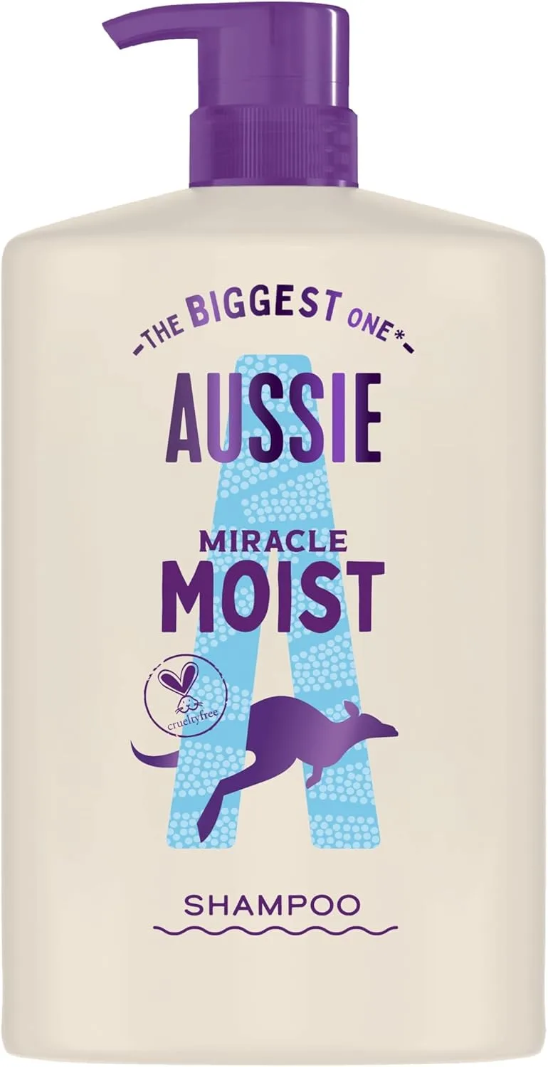 Aussie ▫️ Miracle Moist Champô 1000 ml, fórmula hidratante para revitalizar e restaurar o cabelo quebradiço e seco, enriquecido com óleo de noz de macadâmia australiana e sem testes em animais