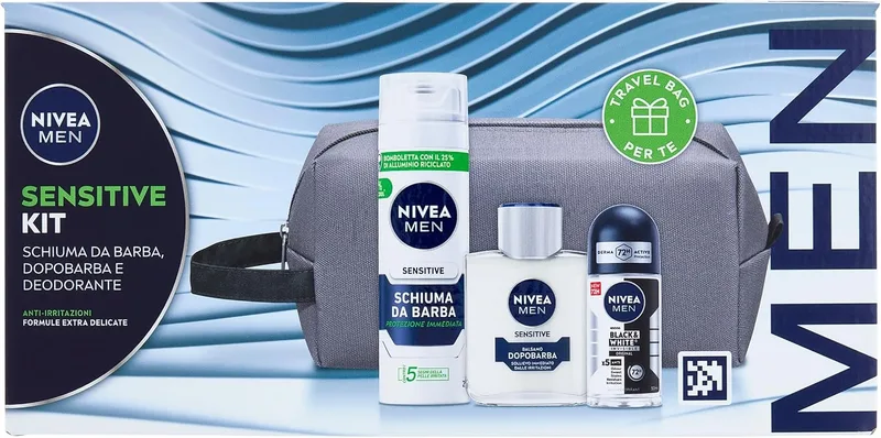 NIVEA MEN ▫️ Sensitive - Conjunto de oferta para homem com espuma de barbear de 200 ml, bálsamo pós-barba de 100 ml, desodorizante para homem preto e branco de 50 ml e bolsa de viagem grátis
