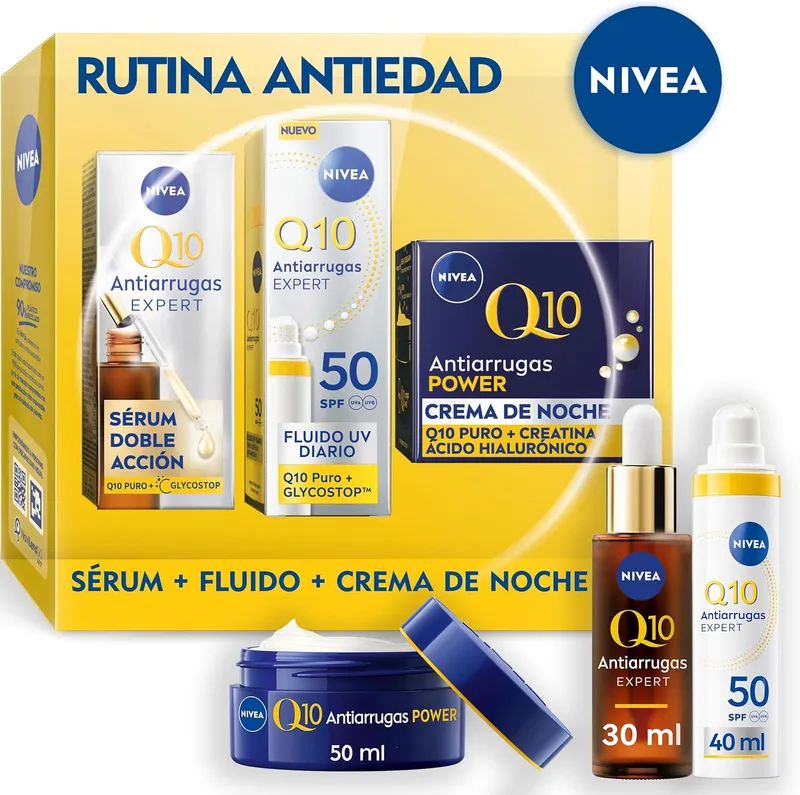 NIVEA ▫️ Pack Q10 Antienvelhecimento e Antiglicação - Sérum Q10 Expert Dupla Ação 30 ml + Creme Hidratante Fluido Diário com Proteção Solar FPS 50 40 ml + Creme de Noite 50 ml - Tripla Defesa Antirrugas com Q10 Puro e Glycostop