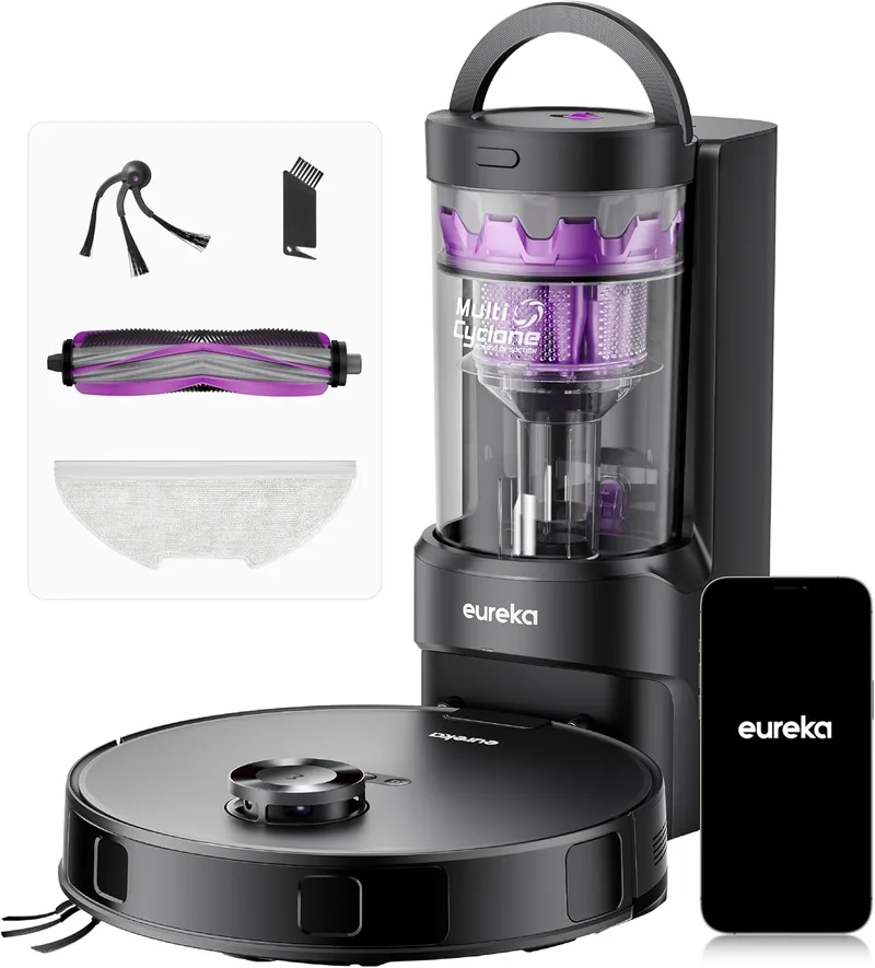 EUREKA ▫️ Robô aspirador e esfregador de pisos de 10 kPa, Robô aspirador anti-emaranhamento, autolimpeza, autodesvazamento, navegação a laser, elevador de 10 mm, 180 min, pisos duros, azulejos, tapetes, E20 EVO Plus Preto