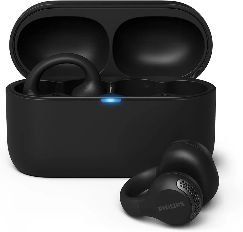 PHILIPS ▫️ TAQ2000BK Auscultadores de ouvido aberto tipo piercing, Bluetooth multiponto, True Wireless – 28 horas de reprodução, estojo de bolso, chamadas nítidas, ideais para deslocações e treinos – Preto
