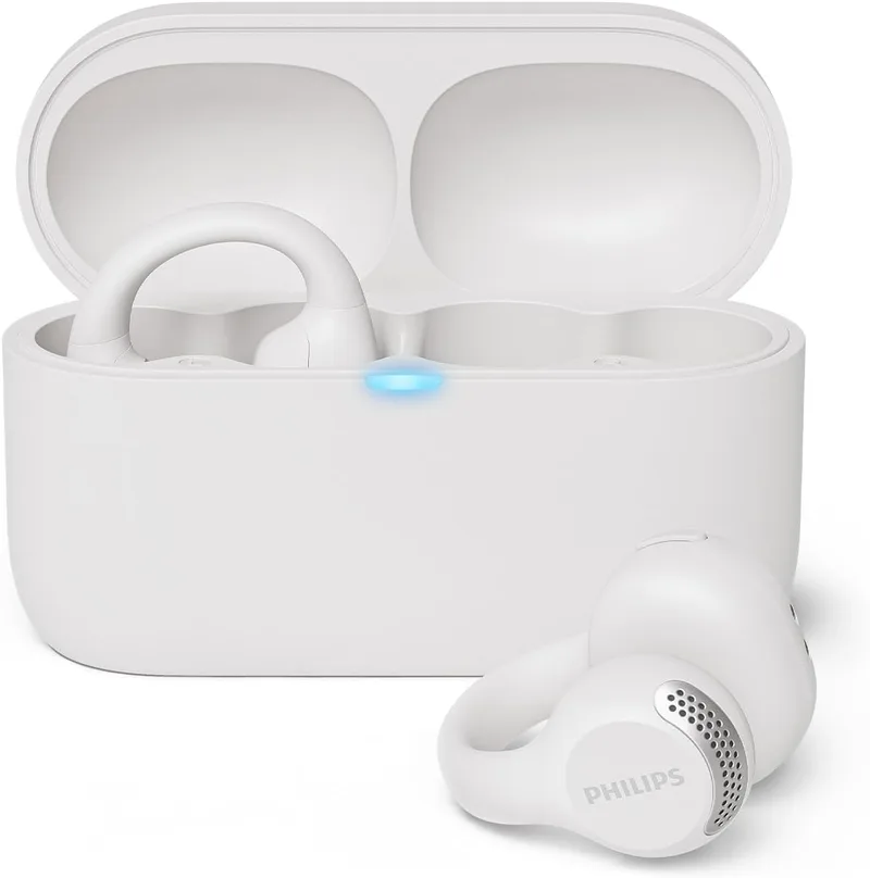 PHILIPS ▫️ TAQ2000WT Auscultadores de ouvido aberto tipo piercing, Bluetooth multiponto, True Wireless - 28 horas de reprodução, estojo de bolso, chamadas nítidas, deslocações e treinos - Branco