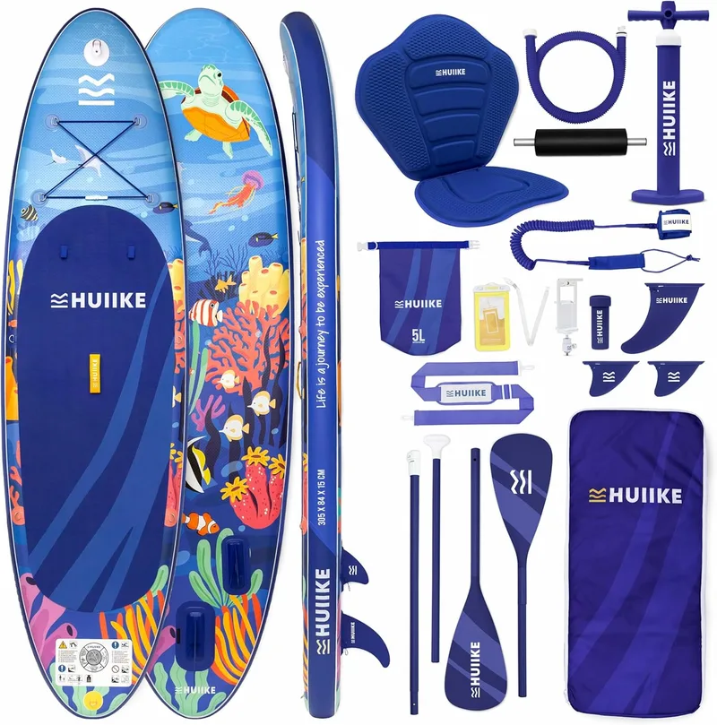 HUIIKE ▫️ Prancha de Paddle Surf insuflável de 10' e até 130 kg com acessórios | SUP convertível em caiaque com remo, bomba de ar, quilhas, corda de segurança e mochila. Prancha de Stand Up Paddle com grande estabilidade e resistência