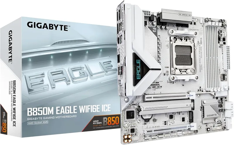 Gigabyte Technology ▫️ GIGABYTE B850M Eagle WIFI6E Ice Motherboard - Processadores AMD Ryzen Série 9000, VRM Digital 8+2+2-Fases, até 8200 MHz DDR5 (OC), 1 x M.2 PCIe 5.0 + 1 x PCIe 4.0, Wi-Fi 6E, LAN 2.5 GbE
