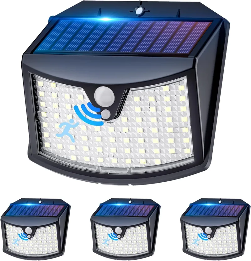 Giliwosy ▫️ Luz Solar para Exterior, 4 Pacotes/3 Modos IP65 Holofote Solar LED para Exterior à Prova de Água com Sensor de Movimento, Luz Solar LED para Jardim para Garagens, Caminhos, Portas (Branco Frio)