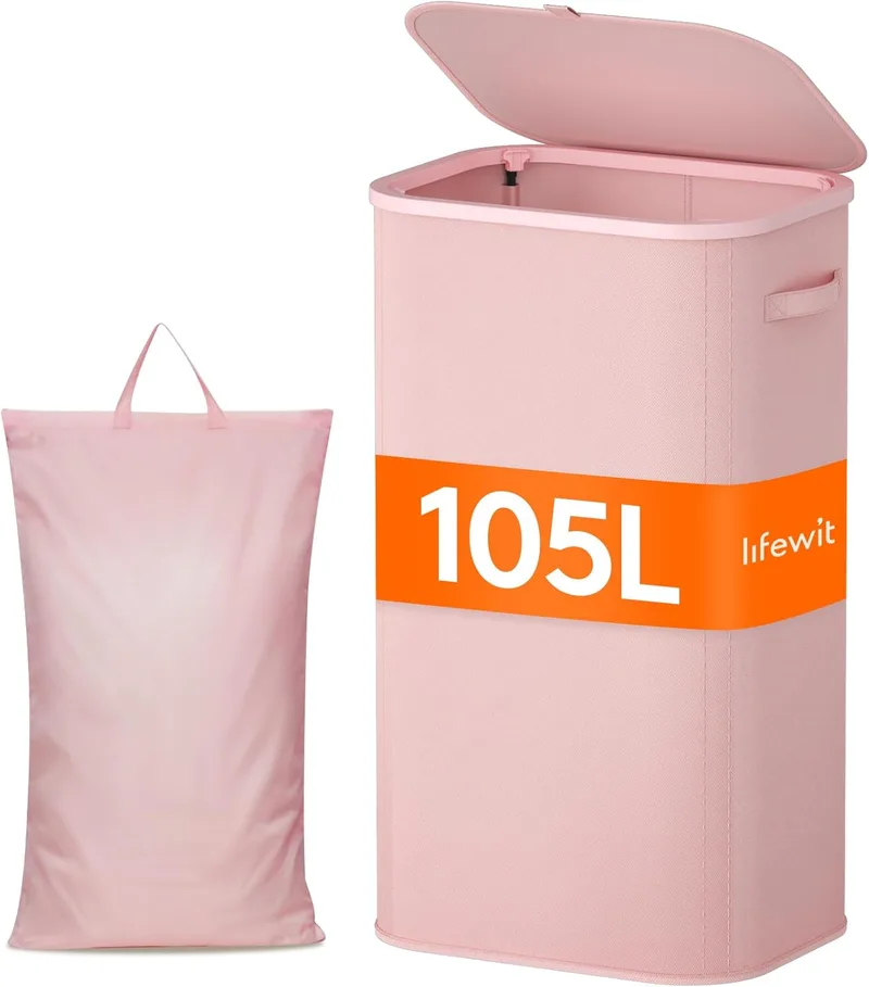 Lifewit ▫️ cesto de roupa suja, cesto de roupa suja dobrável com saco extraível e pega, cesto de roupa suja com tampa, cesto de roupa suja para quarto, casa de banho, lavandaria, quarto de dormir, 105 L, cor-de-rosa
