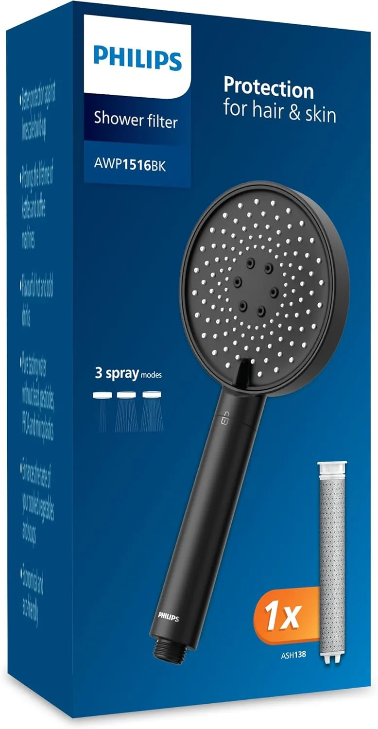Philips ▫️ Filtro de água para duche - protege a pele e o cabelo, remove o cloro e as partículas grandes, 3 modos de pulverização, capacidade do filtro para 1 mês, preto