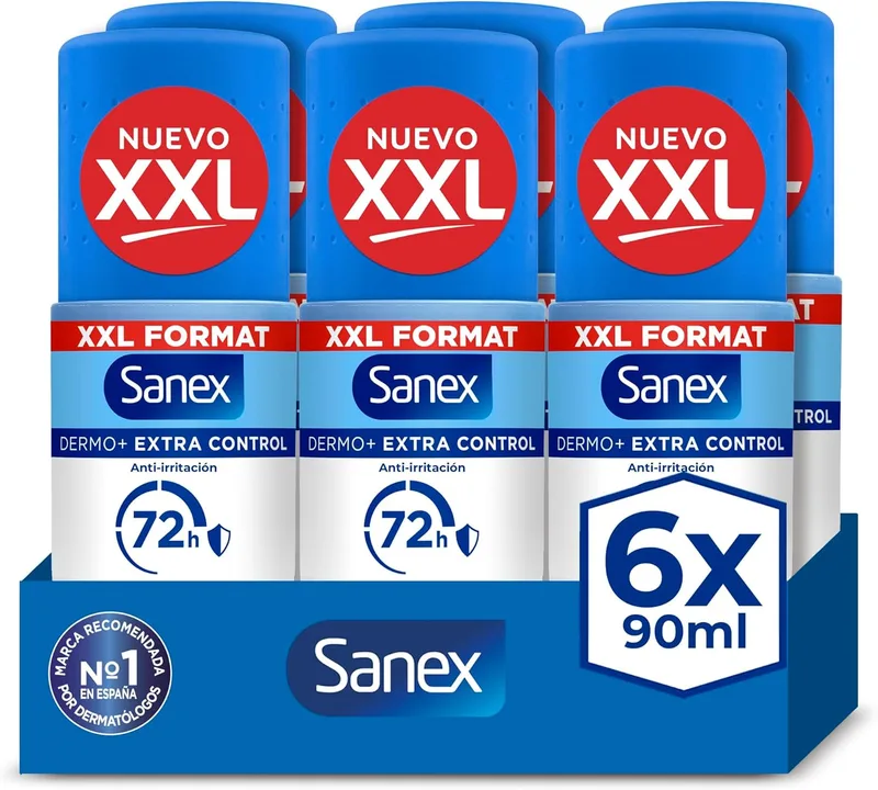 Sanex ▫️ Dermo+ Extra Control Desodorizante Antitranspirante Roll-On 72 Horas 90ml - proteção eficaz contra o suor e o odor - dermatologicamente testado - contém 0% de álcool*.