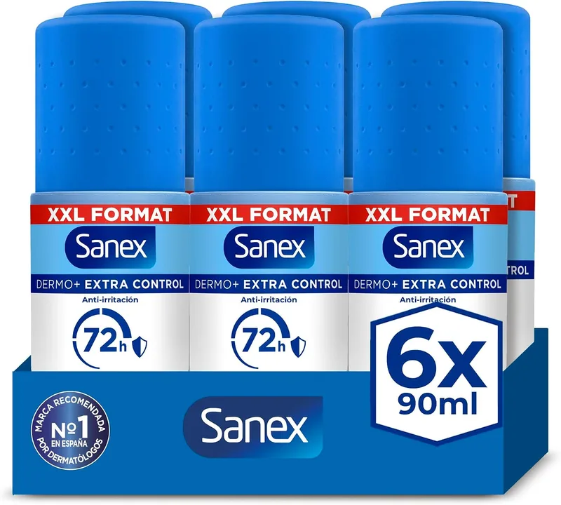 Sanex ▫️ Dermo+ Extra Control Desodorizante Antitranspirante Roll-On 72 Horas 90 ml – proteção eficaz contra o suor e o mau cheiro – testado dermatologicamente – contém 0% de álcool*