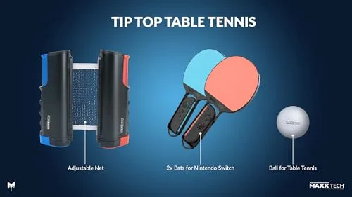 Maxx Tech ▫️ Kit de ténis de mesa Tip Top para Nintendo Switch 2 e 1 — Inclui 2 raquetes de ténis de mesa, uma rede ajustável, uma bola de pingue-pongue e um código digital para o jogo Tip Top Table Tennis 3