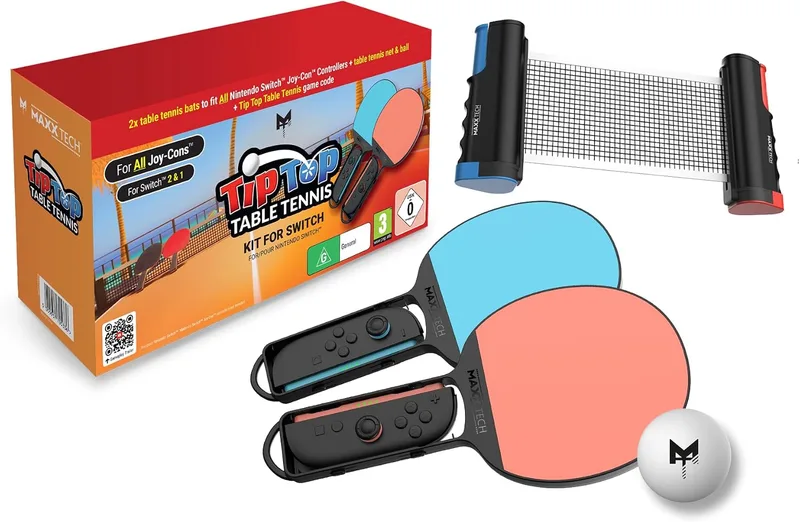 Maxx Tech ▫️ Kit de ténis de mesa Tip Top para Nintendo Switch 2 e 1 — Inclui 2 raquetes de ténis de mesa, uma rede ajustável, uma bola de pingue-pongue e um código digital para o jogo Tip Top Table Tennis