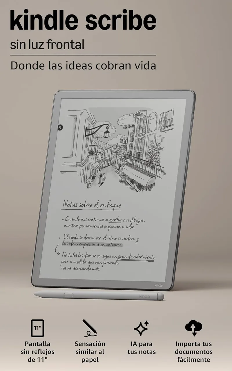 Amazon ▫️ Kindle Scribe sem luz frontal (última geração): mais fino, leve e rápido, com ecrã de 11" semelhante ao papel; permite escrever em cadernos, documentos e livros (16 GB)