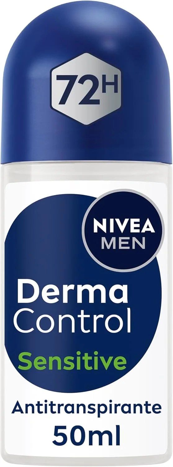 NIVEA MEN ▫️ NIVEA Derma Control Sensitive - Desodorizante Antitranspirante para Homem - 72 horas de proteção contra o suor - Ácido hialurónico e vitamina E - Não irrita as axilas - Peles sensíveis - Roll-on 50 ml