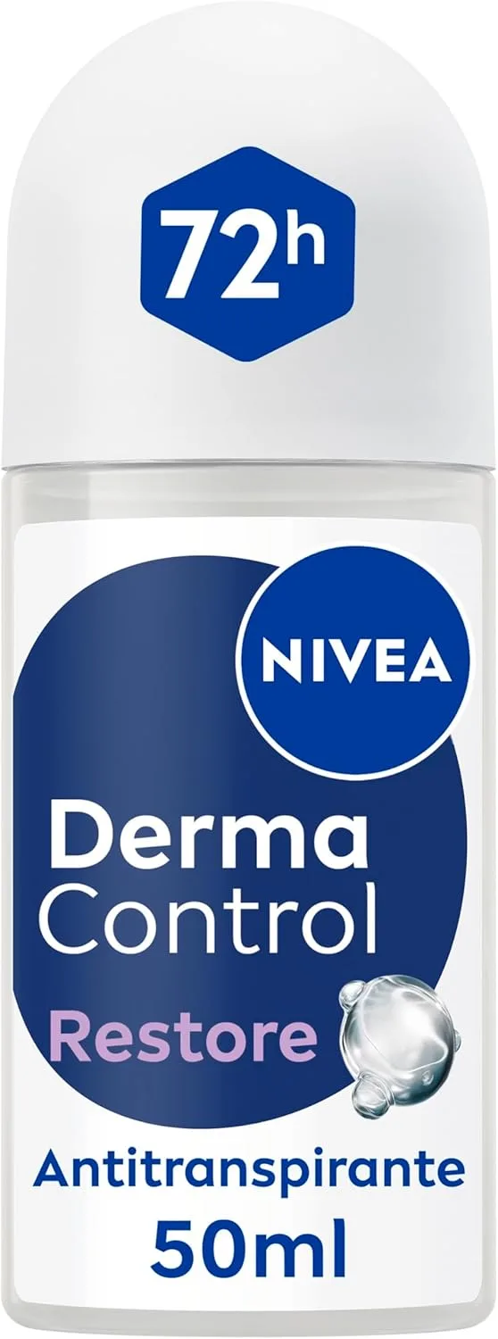 NIVEA ▫️ Derma Control Restore - Desodorizante Antitranspirante para Mulher - 72 horas de proteção contra o suor - Com ácido hialurónico e vitamina E - Não irrita as axilas - Peles sensíveis - Roll-on 50 ml