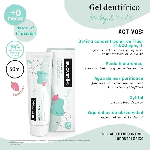 SUAVINEX ▫️ Pasta de dentes para bebés e crianças com 1000 ppm de flúor, desde o primeiro dente até aos 6 anos, sem glúten, previne a cárie e cuida das gengivas, com xilitol e água do mar, gel dentífrico com sabor a morango, 50 ml 3