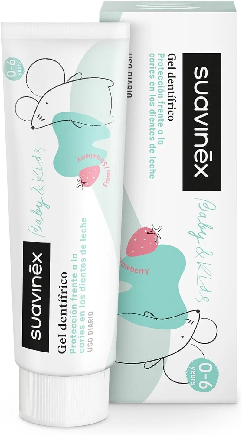 SUAVINEX ▫️ Pasta de dentes para bebés e crianças com 1000 ppm de flúor, desde o primeiro dente até aos 6 anos, sem glúten, previne a cárie e cuida das gengivas, com xilitol e água do mar, gel dentífrico com sabor a morango, 50 ml