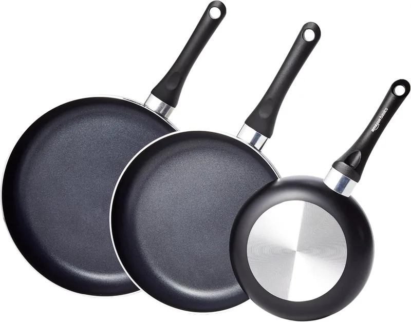 Amazon Basics ▫️ Conjunto de 3 frigideiras antiaderentes de cerâmica 20,3 cm, 25,4 cm e 30,5 cm, cor preta