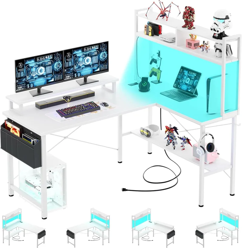 iSunirm ▫️ Secretária para jogos com LED, 125 x 90 cm, secretária em L com tomadas e porta de carregamento USB, secretária para computador com prateleira para monitor para escritório em casa, branca