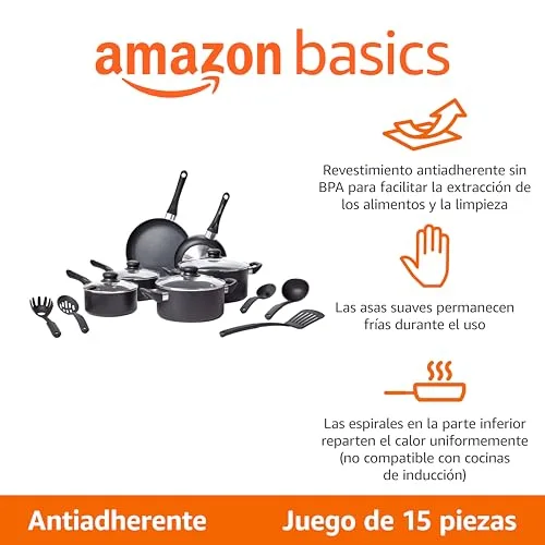 Amazon Basics ▫️ Conjunto de 15 peças de utensílios de cozinha antiaderentes em cerâmica, incluindo panelas, frigideiras e utensílios, na cor preta 2