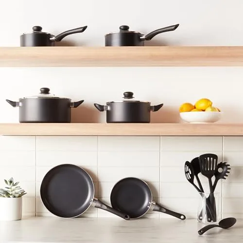 Amazon Basics ▫️ Conjunto de 15 peças de utensílios de cozinha antiaderentes em cerâmica, incluindo panelas, frigideiras e utensílios, na cor preta 3
