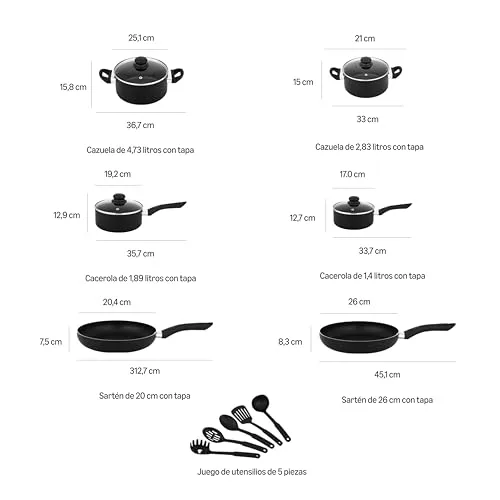 Amazon Basics ▫️ Conjunto de 15 peças de utensílios de cozinha antiaderentes em cerâmica, incluindo panelas, frigideiras e utensílios, na cor preta 4