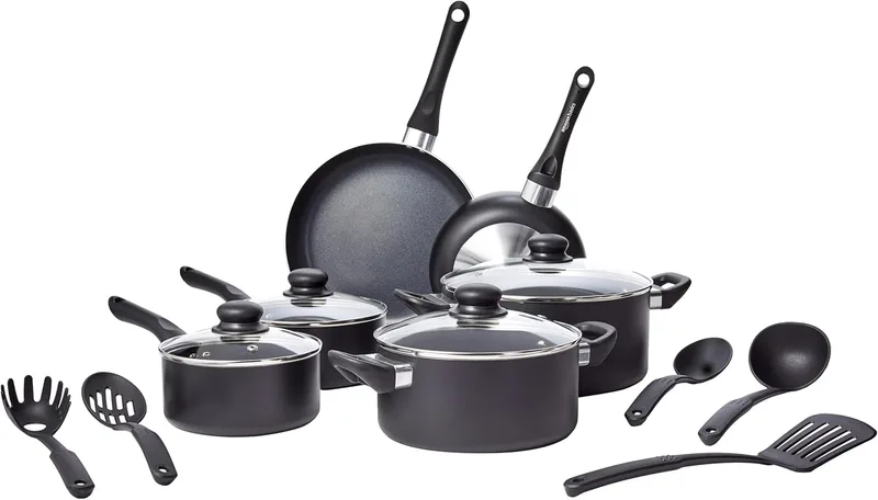 Amazon Basics ▫️ Conjunto de 15 peças de utensílios de cozinha antiaderentes em cerâmica, incluindo panelas, frigideiras e utensílios, na cor preta