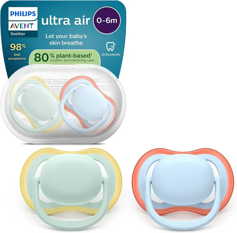 PHILIPS ▫️ Chupetas Avent Ultra Air: design anatómico, para bebés dos 0 aos 6 meses, tetina simétrica em silicone macio, sem BPA, com estojo esterilizador, embalagem de 2 unidades, SCF087/01