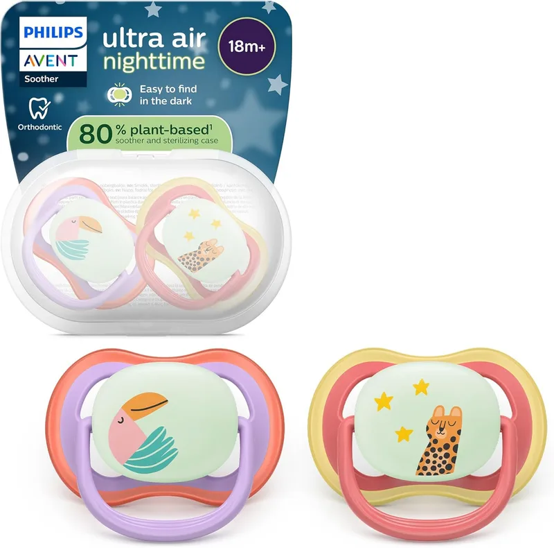 AVENT ▫️ Chupetas de noite Philips ultra air - design anatómico, para bebés a partir dos 18 meses, brilham no escuro, tetina simétrica de silicone extra-forte, sem BPA, embalagem de 2, SCF376/33