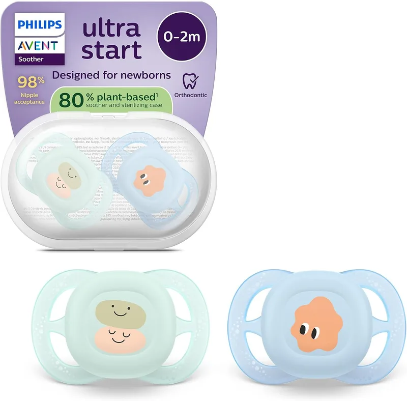 PHILIPS ▫️ Chupetas Avent Ultra Start: anatómicas, para recém-nascidos, tetina simétrica em silicone macio, sem BPA, estojo esterilizador, embalagem de 2 unidades, SCF075/14