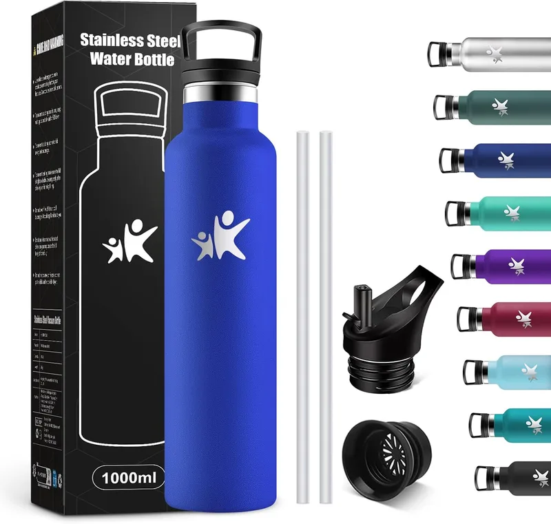 KollyKolla ▫️ Garrafa de água de aço inoxidável 1L, garrafa térmica com isolamento duplo, garrafa térmica com palhinha, sem BPA, garrafa térmica reutilizável para escritório, campismo, crianças, fitness, crianças, ioga, crianças, ioga