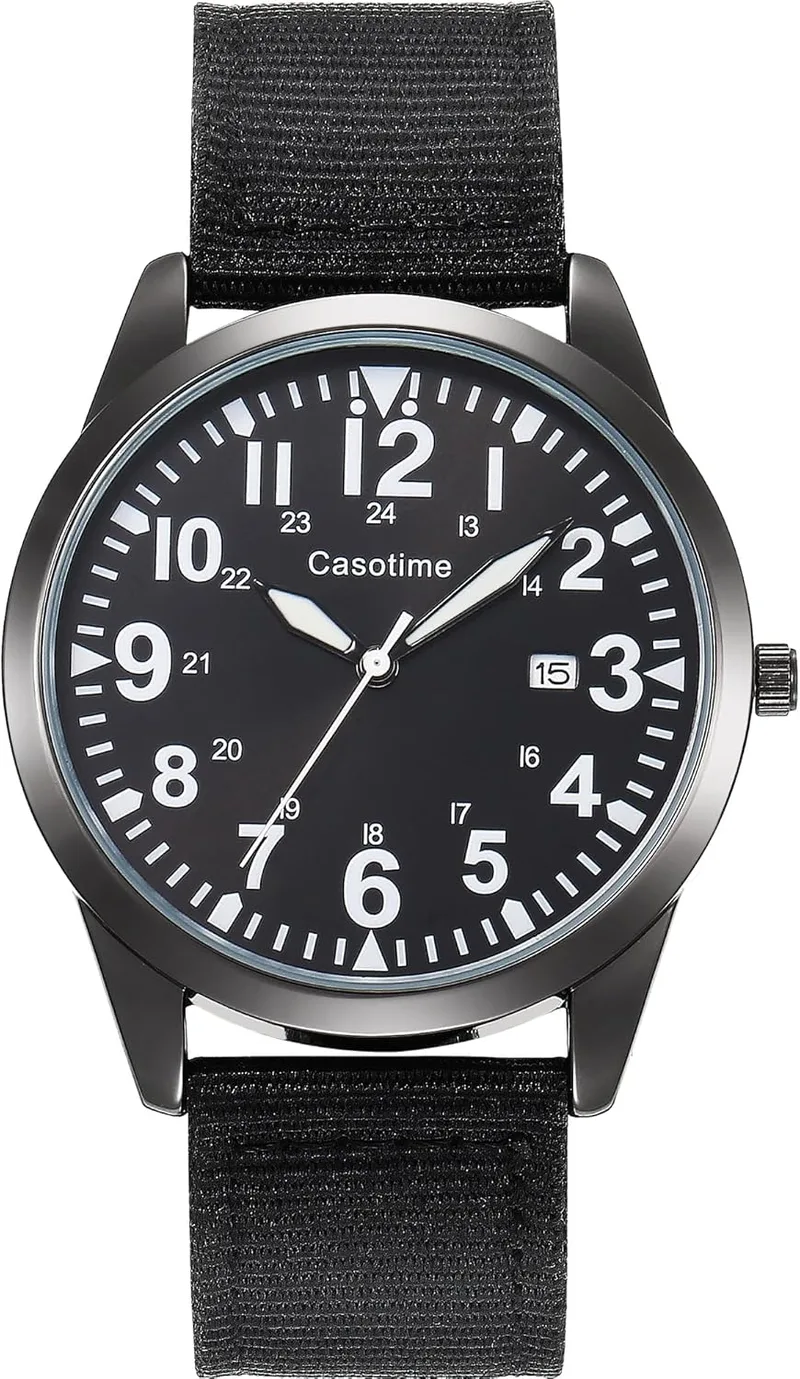 Casotime ▫️ Relógio tático militar para homem, relógio analógico de quartzo testado em campo com mostrador luminoso, bracelete de nylon resistente à água até 30 m e ponteiro dos segundos, relógio de pulso desportivo unissexo da