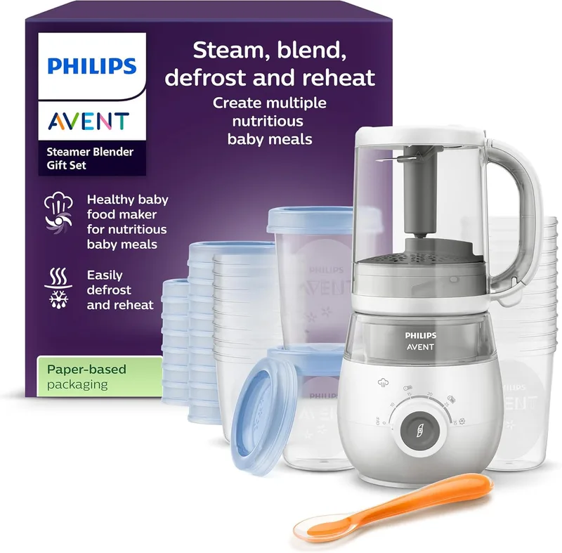 AVENT ▫️ Conjunto de oferta Philips com liquidificador e vaporizador: robot de cozinha infantil 4 em 1, cozinhe a vapor, bata, descongele e reaqueça os alimentos, com copos de armazenamento e tampas, SCF883/20