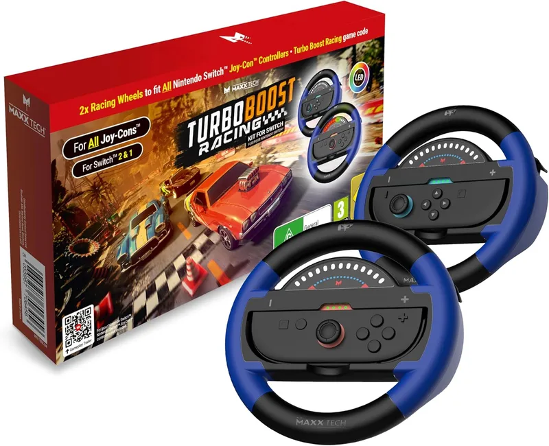 Maxx Tech ▫️ Kit Turbo Boost Racing para Switch 2 e 1 - Inclui: Código descarregável Turbo Boost Racing na caixa; 2X Rodas de corrida Turbo LED