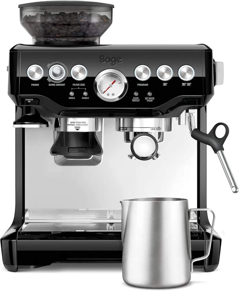 Sage ▫️ The Barista Express - Máquina de café profissional com bocal manual para espumar leite e moedor integrado - Microespuma personalizável - Sésamo Negro, jarro de leite