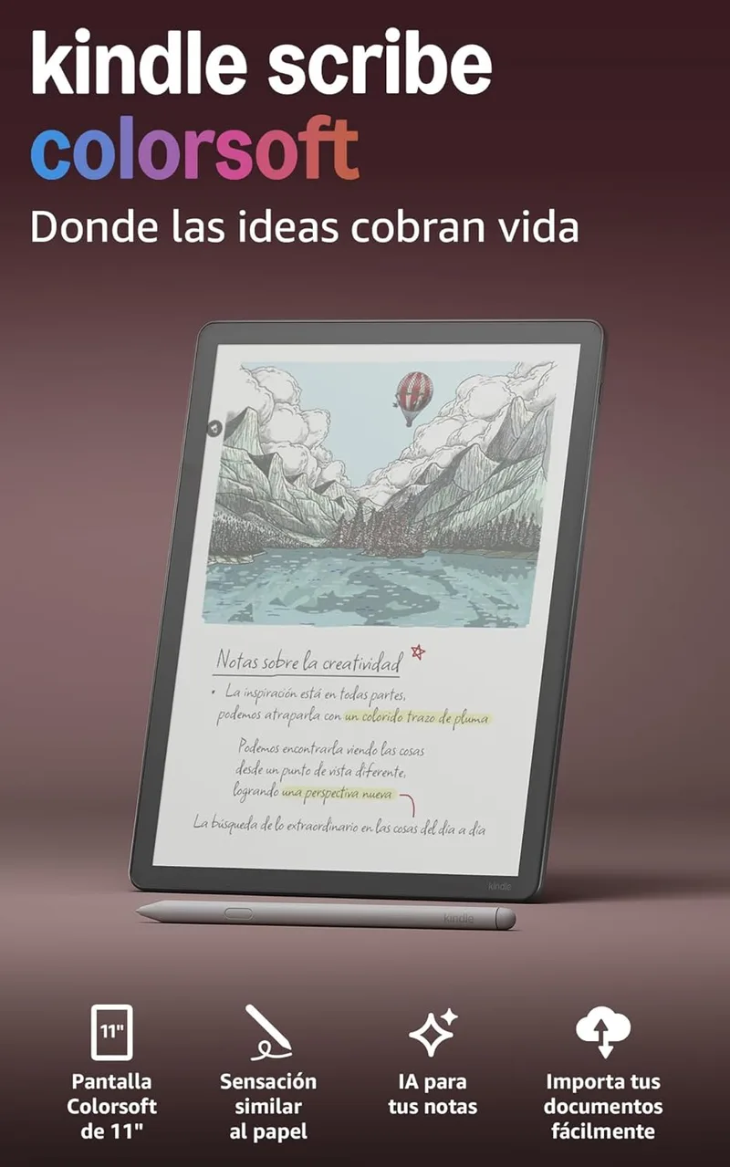 Amazon ▫️ Kindle Scribe Colorsoft (última geração): fino, leve e rápido, com ecrã a cores de 11" semelhante ao papel e luz frontal; permite escrever em cadernos integrados, documentos e livros (32 GB, grafite)