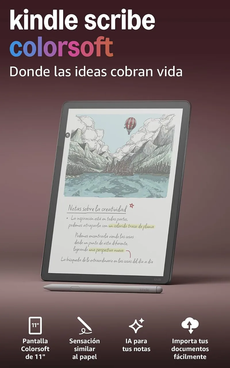 Amazon ▫️ Kindle Scribe Colorsoft (última geração): fino, leve e rápido, com ecrã a cores de 11 polegadas semelhante ao papel e luz frontal; permite escrever em cadernos integrados, documentos e livros (32 GB, grafite)