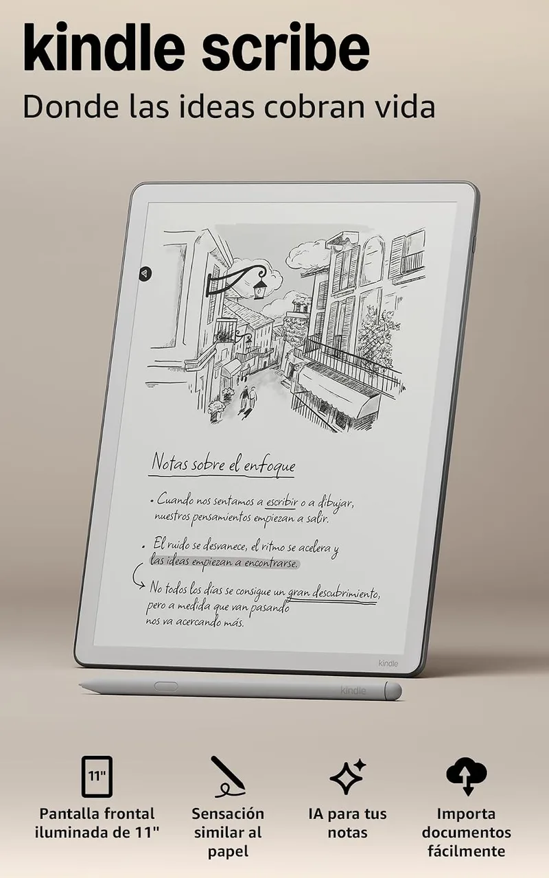 Amazon ▫️ Kindle Scribe (última geração): mais fino, leve e rápido, com ecrã de 11 polegadas semelhante ao papel e luz frontal; permite escrever em cadernos, documentos e livros (32 GB)