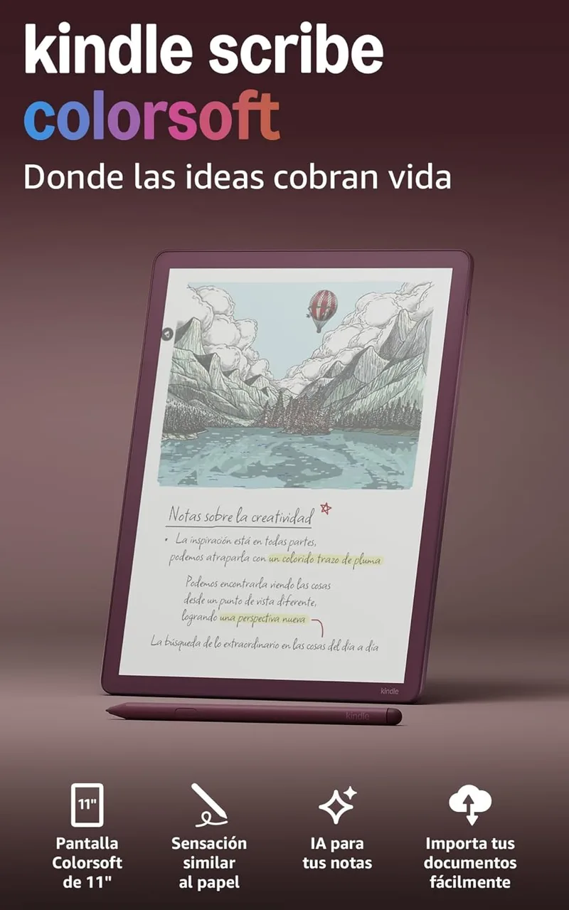 Visite a loja Kindle da Amazon ▫️ Amazon Kindle Scribe Colorsoft (última geração): fino, leve e rápido, com ecrã a cores de 11" semelhante a um papel e luz frontal; escreve em cadernos, documentos e livros integrados (64 GB, castanho)