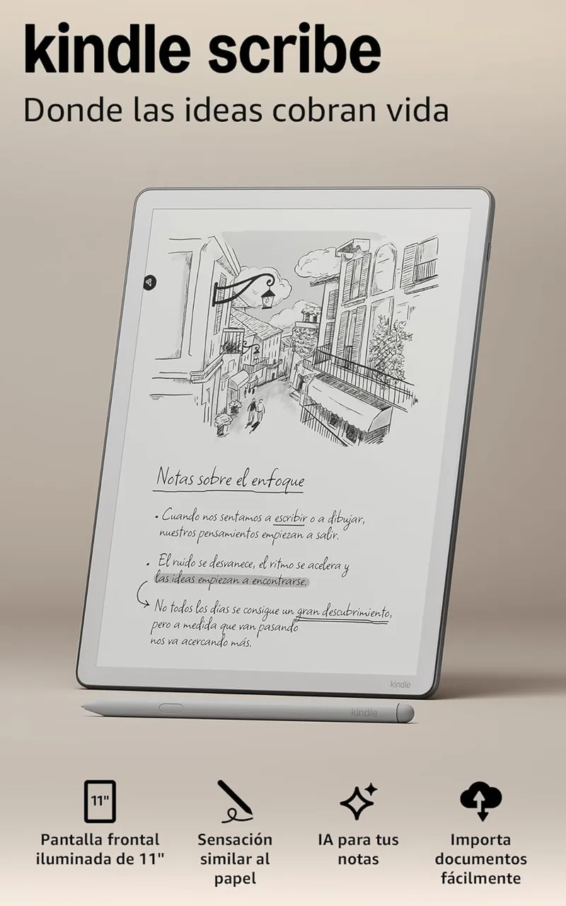 Amazon ▫️ Kindle Scribe (última geração): mais fino, leve e rápido, com ecrã de 11 polegadas semelhante ao papel e luz frontal; permite escrever em cadernos, documentos e livros (64 GB)