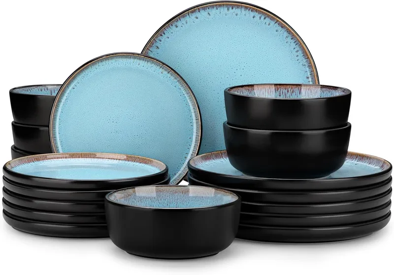 vancasso ▫️ Conjunto completo de louça de jantar para 6 pessoas da série AMBER conjunto de grés de 18 peças - 6 pratos de jantar, 6 pratos de sobremesa e 6 taças de cereais - lavável na máquina de lavar louça, esmalte reativo azul