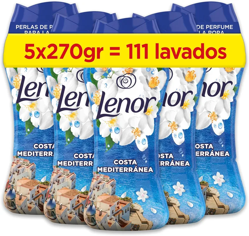 LENOR ▫️ Pérolas de Perfume para Roupa 111 lavagens (5 x 270g), Brisa do Mar e Jasmim, Edição Limitada Costa Mediterrânica, Frescura Ininterrupta até 12 Semanas